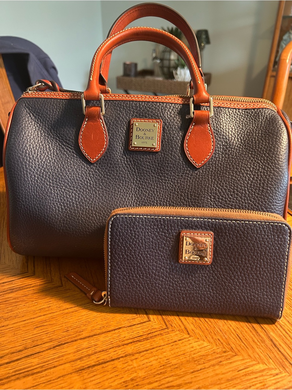 Dooney & Bourke Midnight Navy and Brown Leather Duffel Bag with Wallet